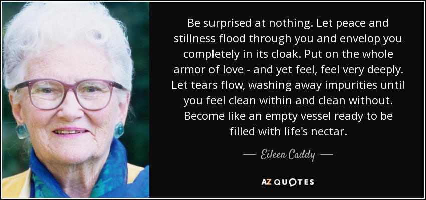 Be surprised at nothing. Let peace and stillness flood through you and envelop you completely in its cloak. Put on the whole armor of love - and yet feel, feel very deeply. Let tears flow, washing away impurities until you feel clean within and clean without. Become like an empty vessel ready to be filled with life's nectar. - Eileen Caddy