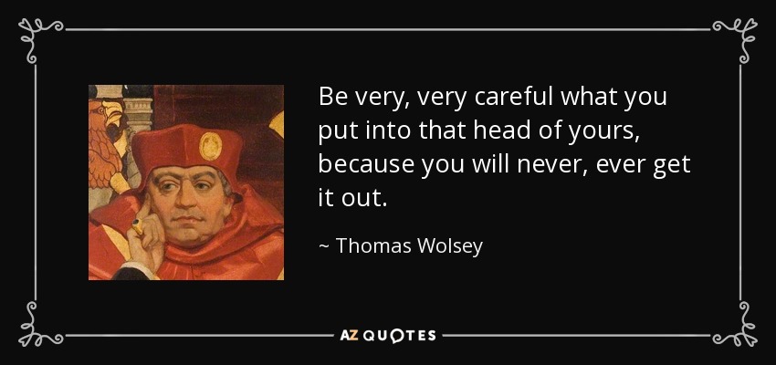 Be very, very careful what you put into that head of yours, because you will never, ever get it out. - Thomas Wolsey