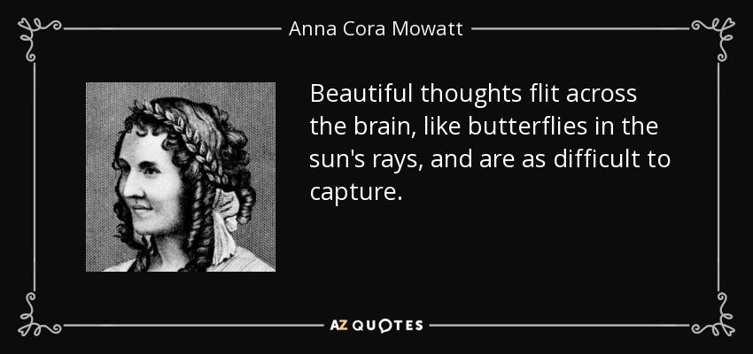 Beautiful thoughts flit across the brain, like butterflies in the sun's rays, and are as difficult to capture. - Anna Cora Mowatt