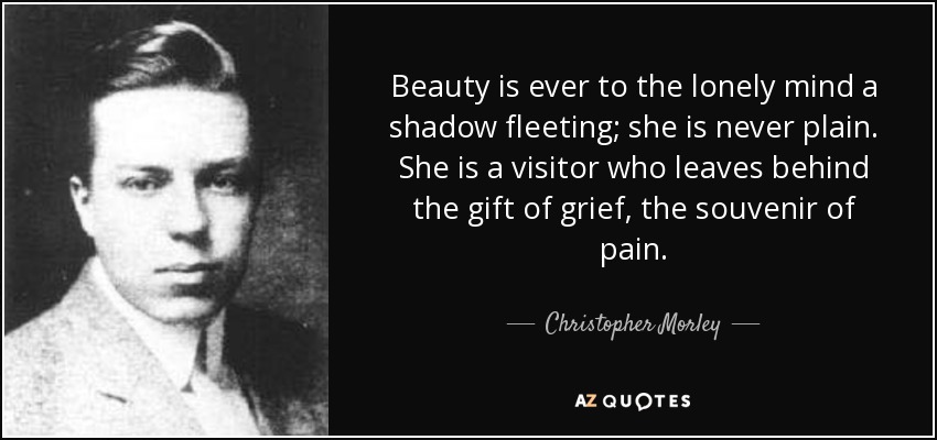 Beauty is ever to the lonely mind a shadow fleeting; she is never plain. She is a visitor who leaves behind the gift of grief, the souvenir of pain. - Christopher Morley