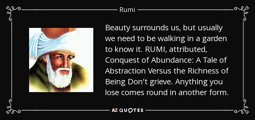 Beauty surrounds us, but usually we need to be walking in a garden to know it. RUMI, attributed, Conquest of Abundance: A Tale of Abstraction Versus the Richness of Being Don't grieve. Anything you lose comes round in another form. - Rumi