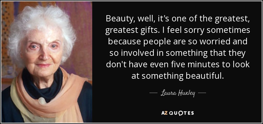 Beauty, well, it's one of the greatest, greatest gifts. I feel sorry sometimes because people are so worried and so involved in something that they don't have even five minutes to look at something beautiful. - Laura Huxley