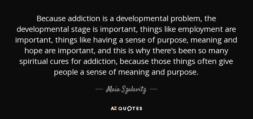 Because addiction is a developmental problem, the developmental stage is important, things like employment are important, things like having a sense of purpose, meaning and hope are important, and this is why there's been so many spiritual cures for addiction, because those things often give people a sense of meaning and purpose. - Maia Szalavitz