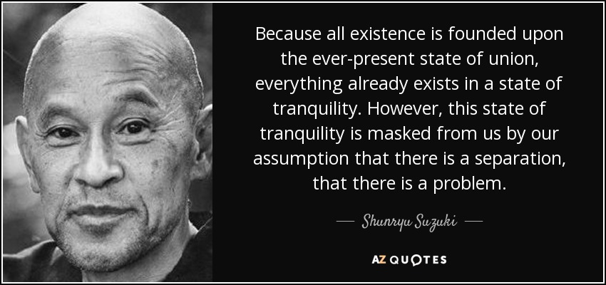 Because all existence is founded upon the ever-present state of union, everything already exists in a state of tranquility. However, this state of tranquility is masked from us by our assumption that there is a separation, that there is a problem. - Shunryu Suzuki
