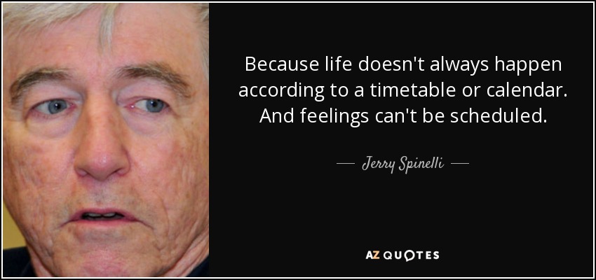 Because life doesn't always happen according to a timetable or calendar. And feelings can't be scheduled. - Jerry Spinelli