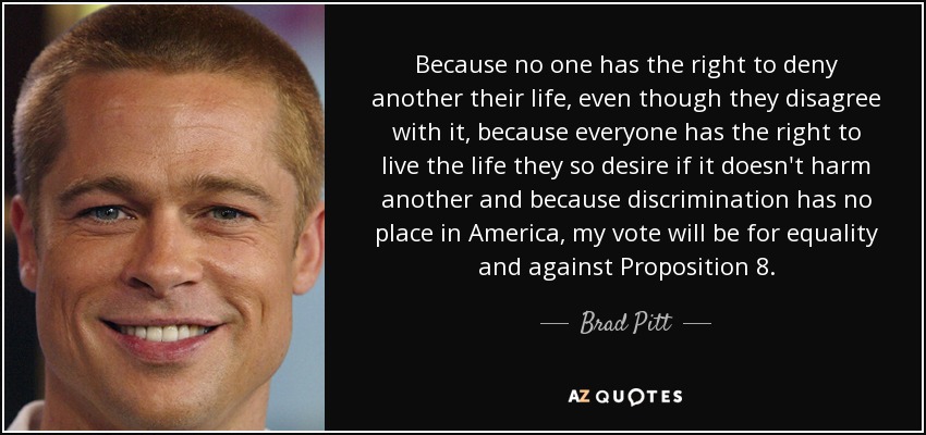 Because no one has the right to deny another their life, even though they disagree with it, because everyone has the right to live the life they so desire if it doesn't harm another and because discrimination has no place in America, my vote will be for equality and against Proposition 8. - Brad Pitt