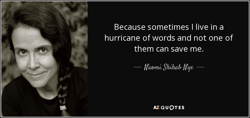 Because sometimes I live in a hurricane of words and not one of them can save me. - Naomi Shihab Nye