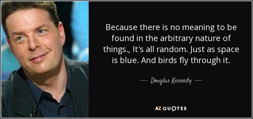 Because there is no meaning to be found in the arbitrary nature of things., It's all random. Just as space is blue. And birds fly through it. - Douglas Kennedy