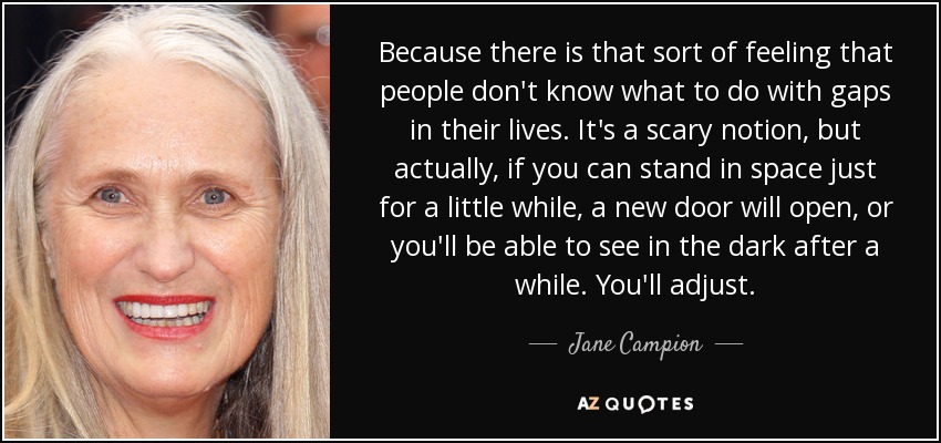 Because there is that sort of feeling that people don't know what to do with gaps in their lives. It's a scary notion, but actually, if you can stand in space just for a little while, a new door will open, or you'll be able to see in the dark after a while. You'll adjust. - Jane Campion