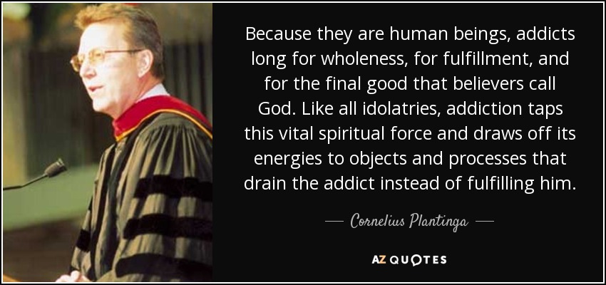 Because they are human beings, addicts long for wholeness, for fulfillment, and for the final good that believers call God. Like all idolatries, addiction taps this vital spiritual force and draws off its energies to objects and processes that drain the addict instead of fulfilling him. - Cornelius Plantinga