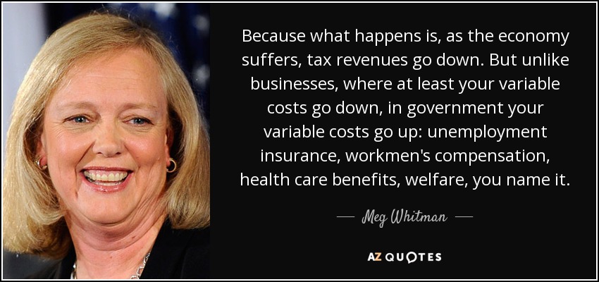 Because what happens is, as the economy suffers, tax revenues go down. But unlike businesses, where at least your variable costs go down, in government your variable costs go up: unemployment insurance, workmen's compensation, health care benefits, welfare, you name it. - Meg Whitman