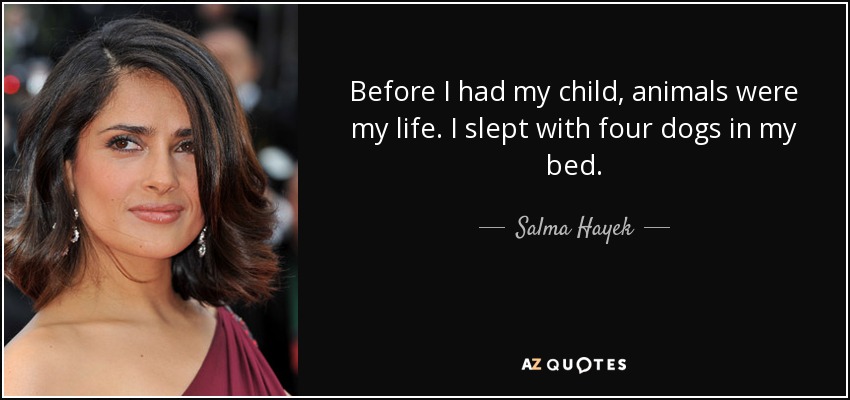 Before I had my child, animals were my life. I slept with four dogs in my bed. - Salma Hayek