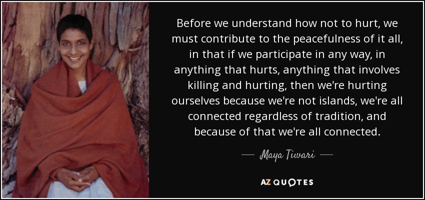 Before we understand how not to hurt, we must contribute to the peacefulness of it all, in that if we participate in any way, in anything that hurts, anything that involves killing and hurting, then we're hurting ourselves because we're not islands, we're all connected regardless of tradition, and because of that we're all connected. - Maya Tiwari
