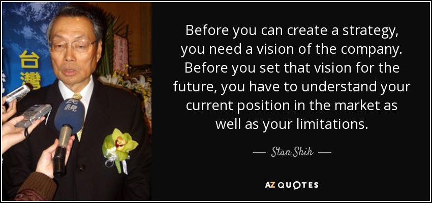 Before you can create a strategy, you need a vision of the company. Before you set that vision for the future, you have to understand your current position in the market as well as your limitations. - Stan Shih