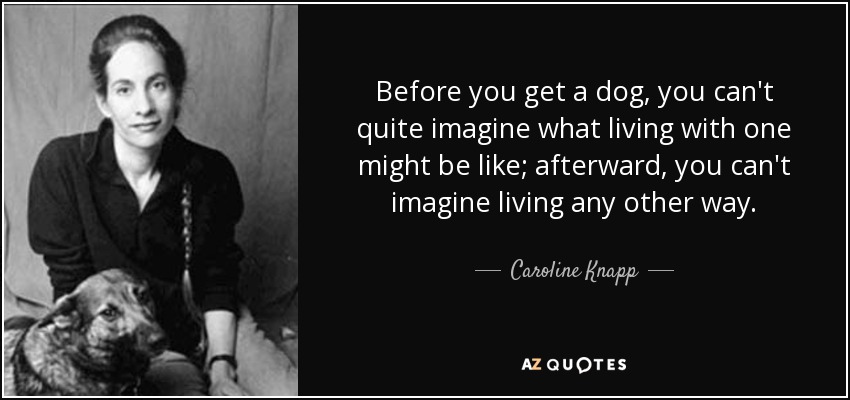 Before you get a dog, you can't quite imagine what living with one might be like; afterward, you can't imagine living any other way. - Caroline Knapp
