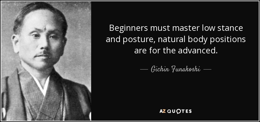 Beginners must master low stance and posture, natural body positions are for the advanced. - Gichin Funakoshi