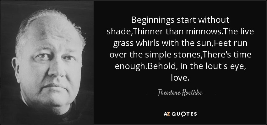 Beginnings start without shade,Thinner than minnows.The live grass whirls with the sun,Feet run over the simple stones,There's time enough.Behold, in the lout's eye, love. - Theodore Roethke