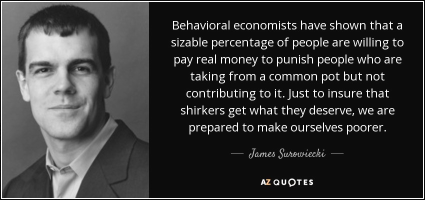 Behavioral economists have shown that a sizable percentage of people are willing to pay real money to punish people who are taking from a common pot but not contributing to it. Just to insure that shirkers get what they deserve, we are prepared to make ourselves poorer. - James Surowiecki