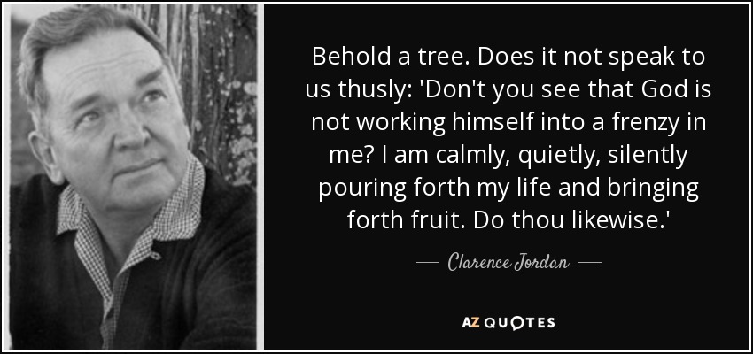 Behold a tree. Does it not speak to us thusly: 'Don't you see that God is not working himself into a frenzy in me? I am calmly, quietly, silently pouring forth my life and bringing forth fruit. Do thou likewise.' - Clarence Jordan