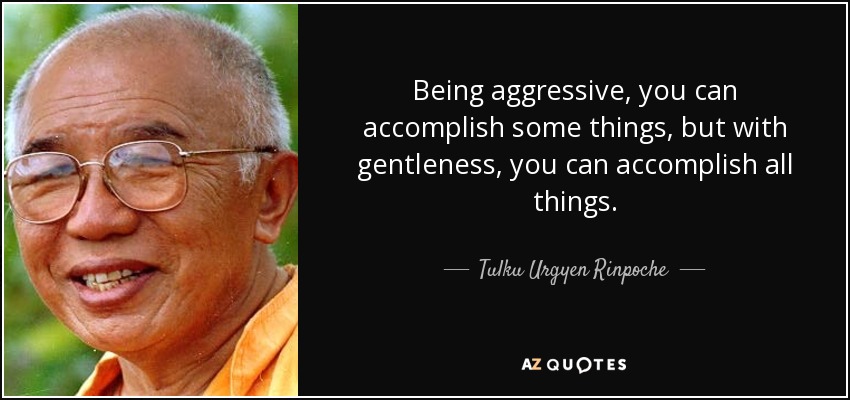 Being aggressive, you can accomplish some things, but with gentleness, you can accomplish all things. - Tulku Urgyen Rinpoche