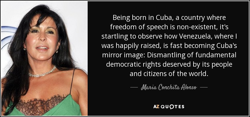 Being born in Cuba, a country where freedom of speech is non-existent, it's startling to observe how Venezuela, where I was happily raised, is fast becoming Cuba's mirror image: Dismantling of fundamental democratic rights deserved by its people and citizens of the world. - Maria Conchita Alonso
