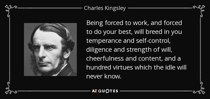 Being forced to work, and forced to do your best, will breed in you temperance and self-control, diligence and strength of will, cheerfulness and content, and a hundred virtues which the idle will never know. - Charles Kingsley