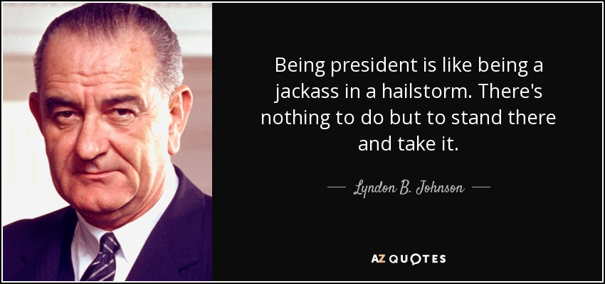 Being president is like being a jackass in a hailstorm. There's nothing to do but to stand there and take it. - Lyndon B. Johnson