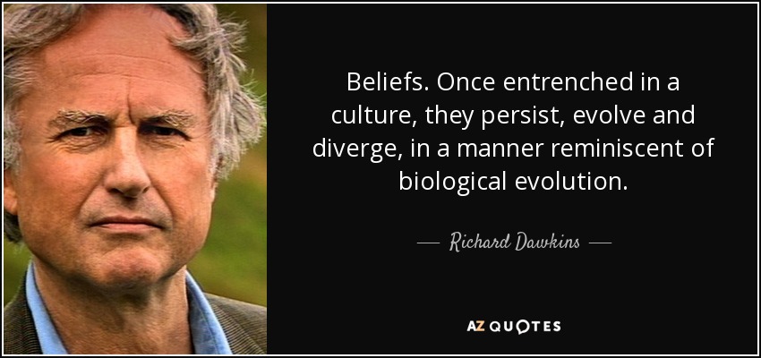 Beliefs. Once entrenched in a culture, they persist, evolve and diverge, in a manner reminiscent of biological evolution. - Richard Dawkins