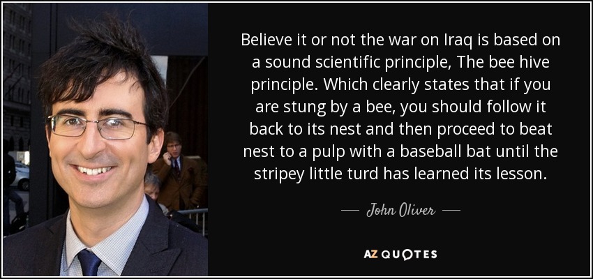 Believe it or not the war on Iraq is based on a sound scientific principle, The bee hive principle. Which clearly states that if you are stung by a bee, you should follow it back to its nest and then proceed to beat nest to a pulp with a baseball bat until the stripey little turd has learned its lesson. - John Oliver