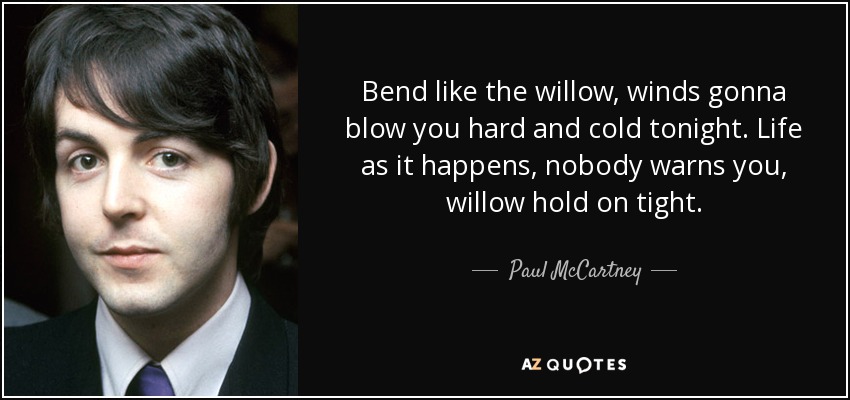Bend like the willow, winds gonna blow you hard and cold tonight. Life as it happens, nobody warns you, willow hold on tight. - Paul McCartney
