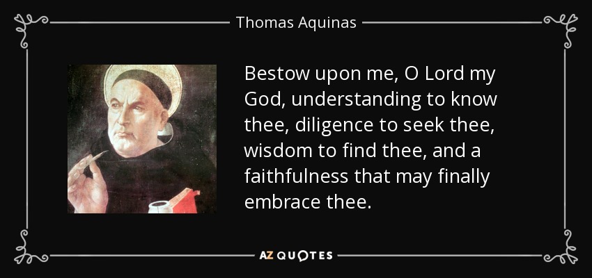 Bestow upon me, O Lord my God, understanding to know thee, diligence to seek thee, wisdom to find thee, and a faithfulness that may finally embrace thee. - Thomas Aquinas
