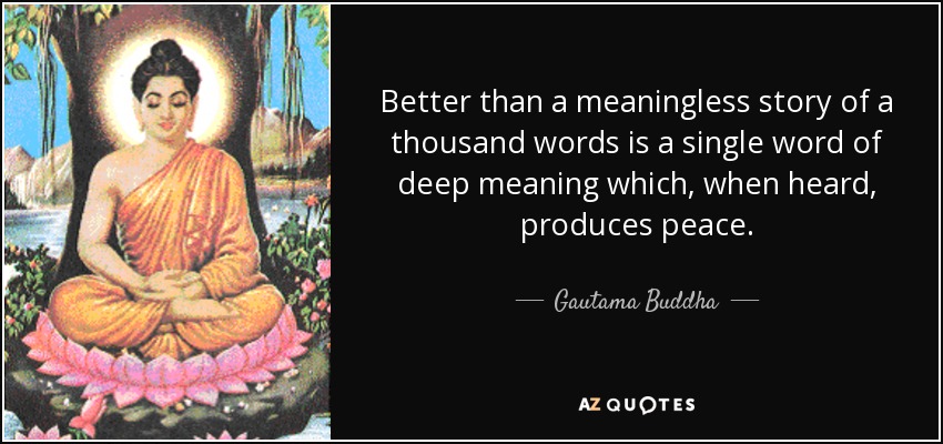 Better than a meaningless story of a thousand words is a single word of deep meaning which, when heard, produces peace. - Gautama Buddha