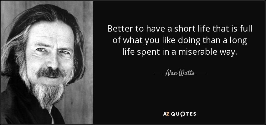 Better to have a short life that is full of what you like doing than a long life spent in a miserable way. - Alan Watts