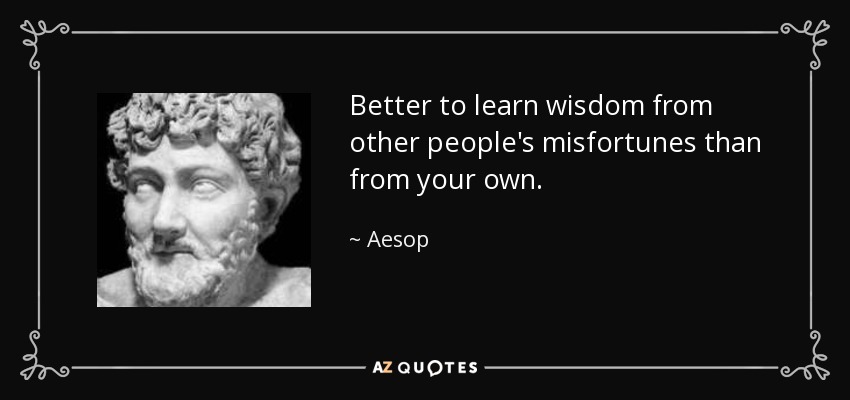 Better to learn wisdom from other people's misfortunes than from your own. - Aesop