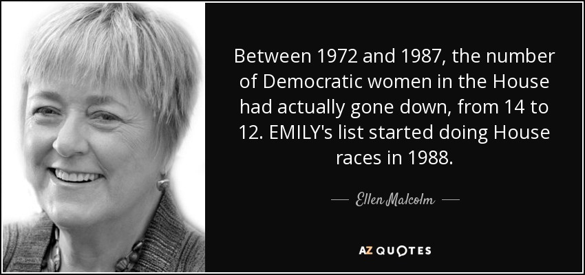 Between 1972 and 1987, the number of Democratic women in the House had actually gone down, from 14 to 12. EMILY's list started doing House races in 1988. - Ellen Malcolm