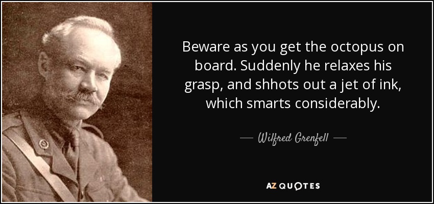 Beware as you get the octopus on board. Suddenly he relaxes his grasp, and shhots out a jet of ink, which smarts considerably. - Wilfred Grenfell