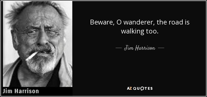 Beware, O wanderer, the road is walking too. - Jim Harrison