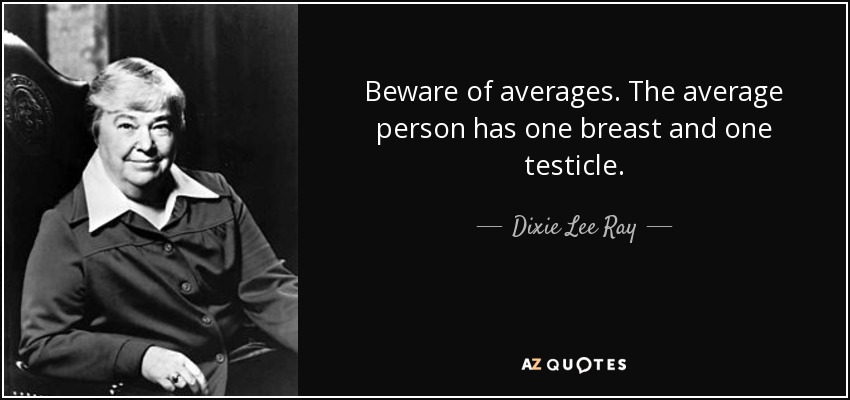 Beware of averages. The average person has one breast and one testicle. - Dixie Lee Ray