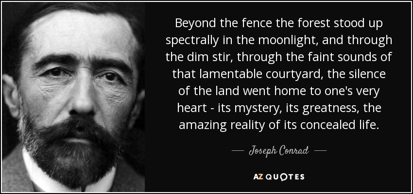 Beyond the fence the forest stood up spectrally in the moonlight, and through the dim stir, through the faint sounds of that lamentable courtyard, the silence of the land went home to one's very heart - its mystery, its greatness, the amazing reality of its concealed life. - Joseph Conrad