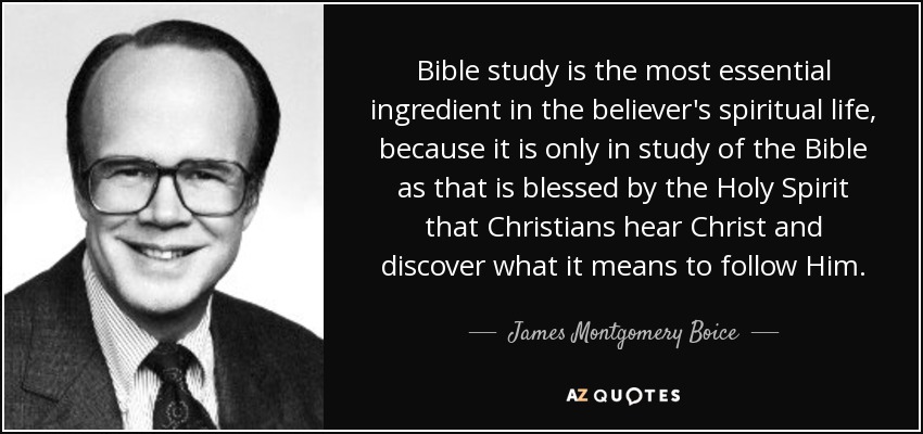 Bible study is the most essential ingredient in the believer's spiritual life, because it is only in study of the Bible as that is blessed by the Holy Spirit that Christians hear Christ and discover what it means to follow Him. - James Montgomery Boice