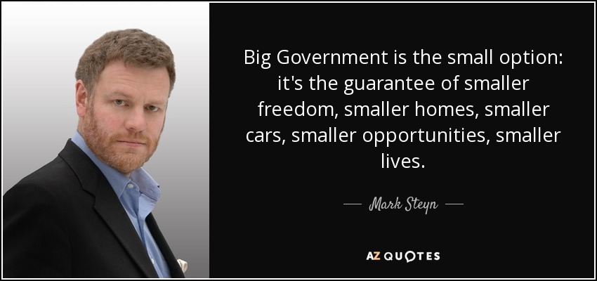 Big Government is the small option: it's the guarantee of smaller freedom, smaller homes, smaller cars, smaller opportunities, smaller lives. - Mark Steyn