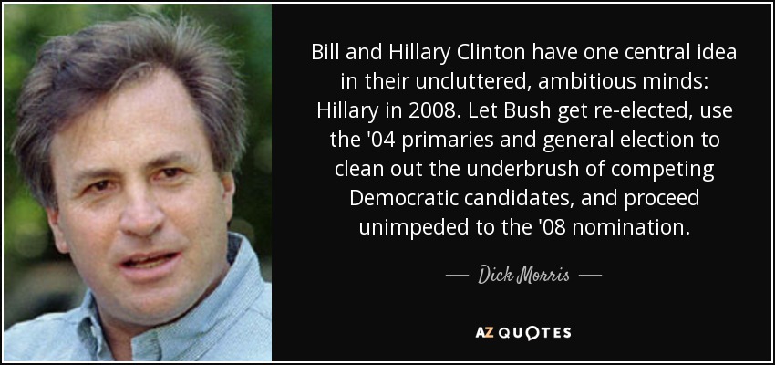 Bill and Hillary Clinton have one central idea in their uncluttered, ambitious minds: Hillary in 2008. Let Bush get re-elected, use the '04 primaries and general election to clean out the underbrush of competing Democratic candidates, and proceed unimpeded to the '08 nomination. - Dick Morris