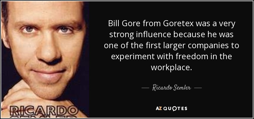 Bill Gore from Goretex was a very strong influence because he was one of the first larger companies to experiment with freedom in the workplace. - Ricardo Semler