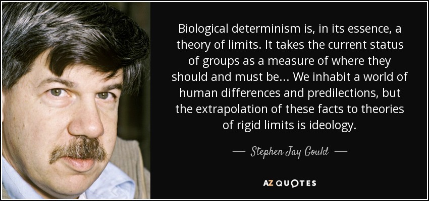 Biological determinism is, in its essence, a theory of limits. It takes the current status of groups as a measure of where they should and must be ... We inhabit a world of human differences and predilections, but the extrapolation of these facts to theories of rigid limits is ideology. - Stephen Jay Gould