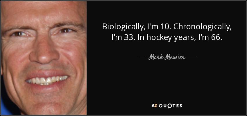 Biologically, I'm 10. Chronologically, I'm 33. In hockey years, I'm 66. - Mark Messier