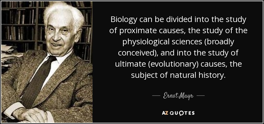 Biology can be divided into the study of proximate causes, the study of the physiological sciences (broadly conceived), and into the study of ultimate (evolutionary) causes, the subject of natural history. - Ernst Mayr