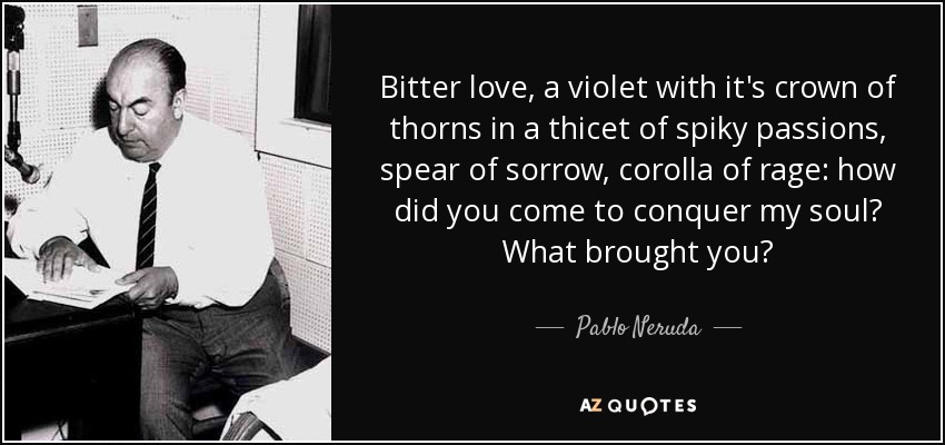 Bitter love, a violet with it's crown of thorns in a thicet of spiky passions, spear of sorrow, corolla of rage: how did you come to conquer my soul? What brought you? - Pablo Neruda