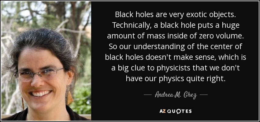 Black holes are very exotic objects. Technically, a black hole puts a huge amount of mass inside of zero volume. So our understanding of the center of black holes doesn't make sense, which is a big clue to physicists that we don't have our physics quite right. - Andrea M. Ghez