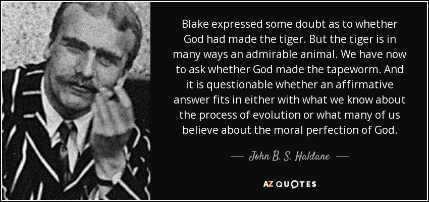 Blake expressed some doubt as to whether God had made the tiger. But the tiger is in many ways an admirable animal. We have now to ask whether God made the tapeworm. And it is questionable whether an affirmative answer fits in either with what we know about the process of evolution or what many of us believe about the moral perfection of God. - John B. S. Haldane