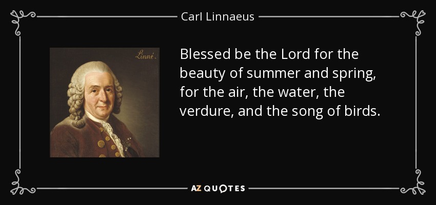 Blessed be the Lord for the beauty of summer and spring, for the air, the water, the verdure, and the song of birds. - Carl Linnaeus